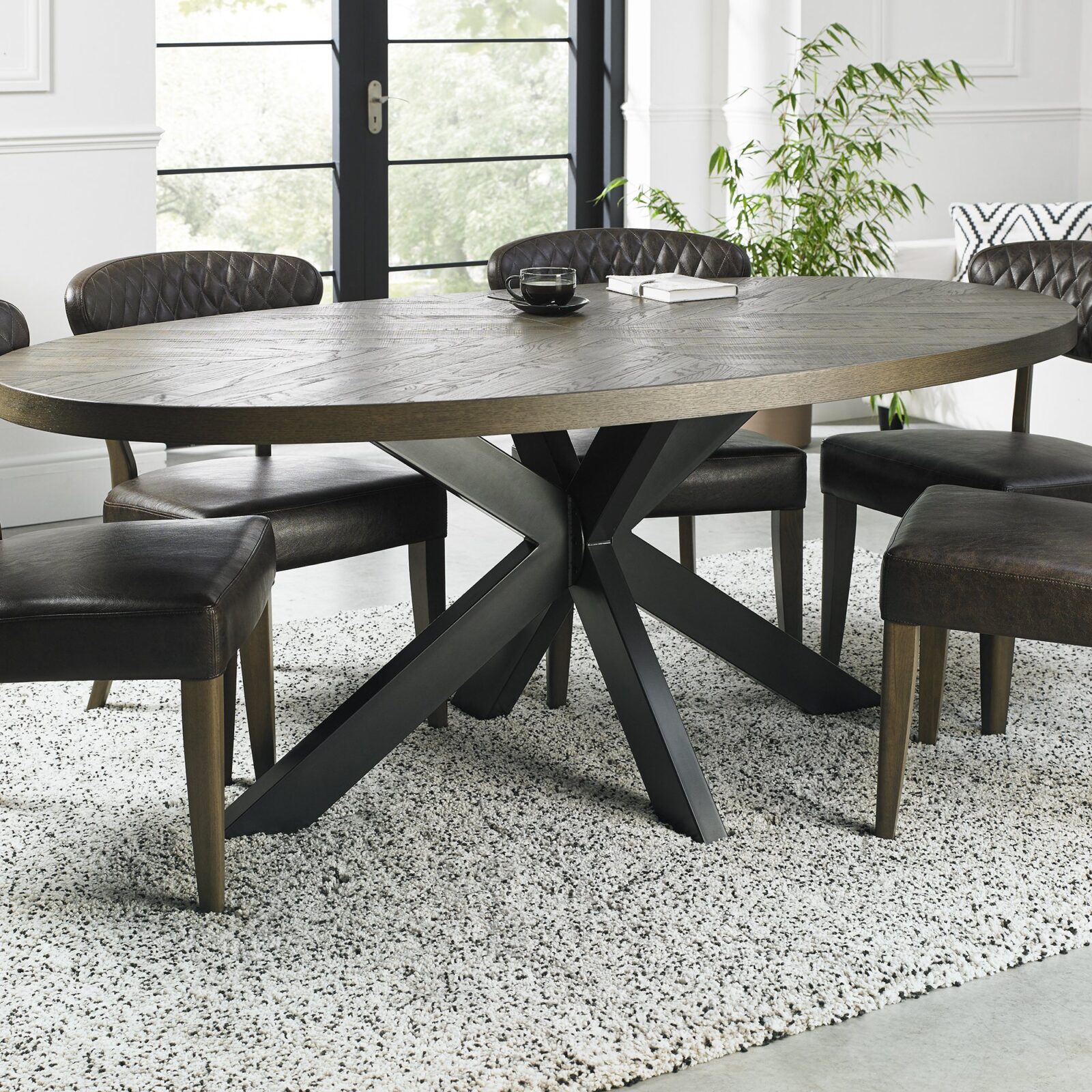 Round X leg dining table (120cm: 6 seater) oak smoke stain 
